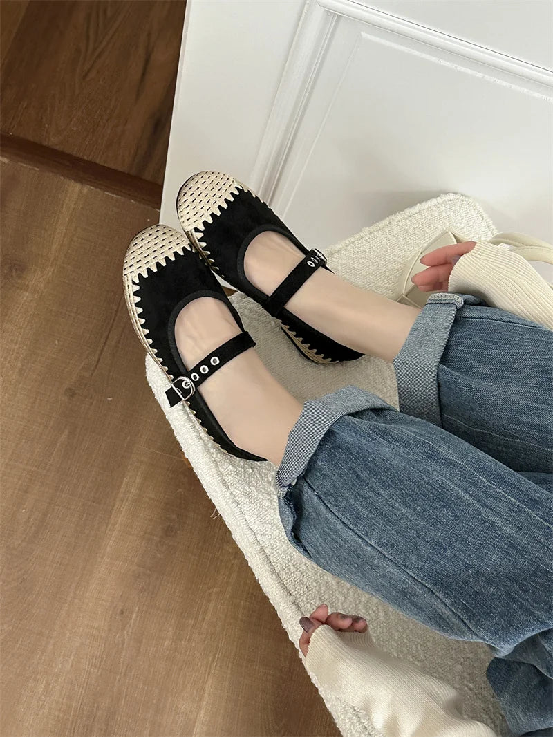 Cyflymder  New Woven Splicing Flats Women Faux Suede French Style Round Toe Buckle Mary Jane Shoes Comfort Shallow Designer Shoes Loafers