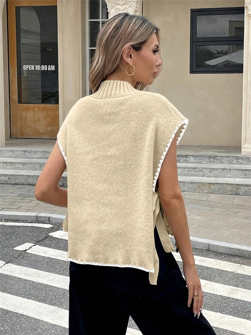 Cyflymder  Street Sle Loose Fit Women's Svel Sweater Vest  Knot Tied Color Blo Design Autumn Faion Polyester Fiber