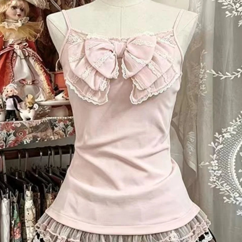 Cyflymder  Vintage Sweet Lolita Style 3 Piece Sets Women Kawaii Ruffles Cardigan Pink Bow Straps Tops Fashion Y2k Plaid A Line Skirts Suit