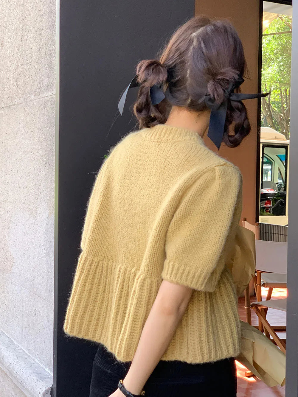 Cyflymder  Chic Autumn New Sle Retro Splicing Lace Trim Soft Bubble Sve Knitted Sweater Women's Faionable Commute Loose Fit