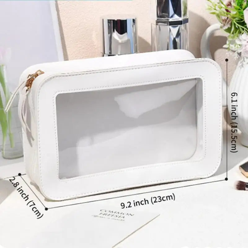 Cyflymder Women PU Makeup Bag Traveling Cosmetic Bag Clear Toiletry Bag Skincare Products Organizer Portable Size Toiletries Storage