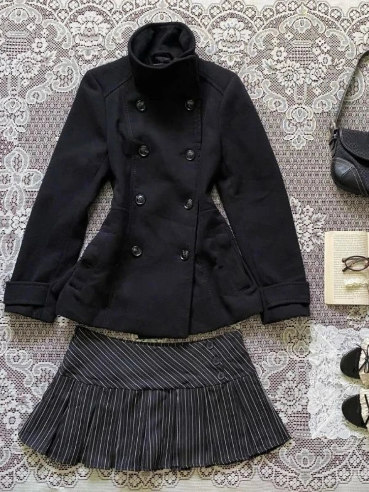 Cyflymder  Vintage Japanese Preppy 2 Piece Set Women Double Breasted Coat High Waist Pinstriped Pleated Mini Skirt Slim Fit Elegant Outfit