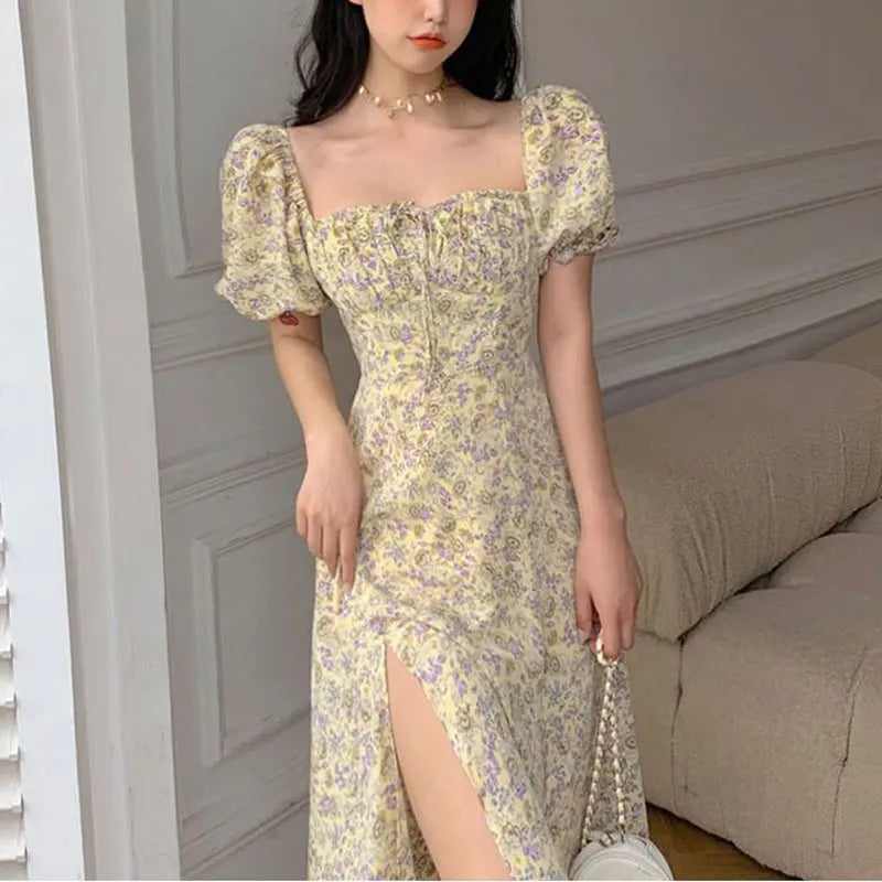 Cyflymder  Elegant Square Collar Long Dress Women's Clothing Fashionable Drawstring Summer French Style Broken Flowers A-Line Waist Dresses