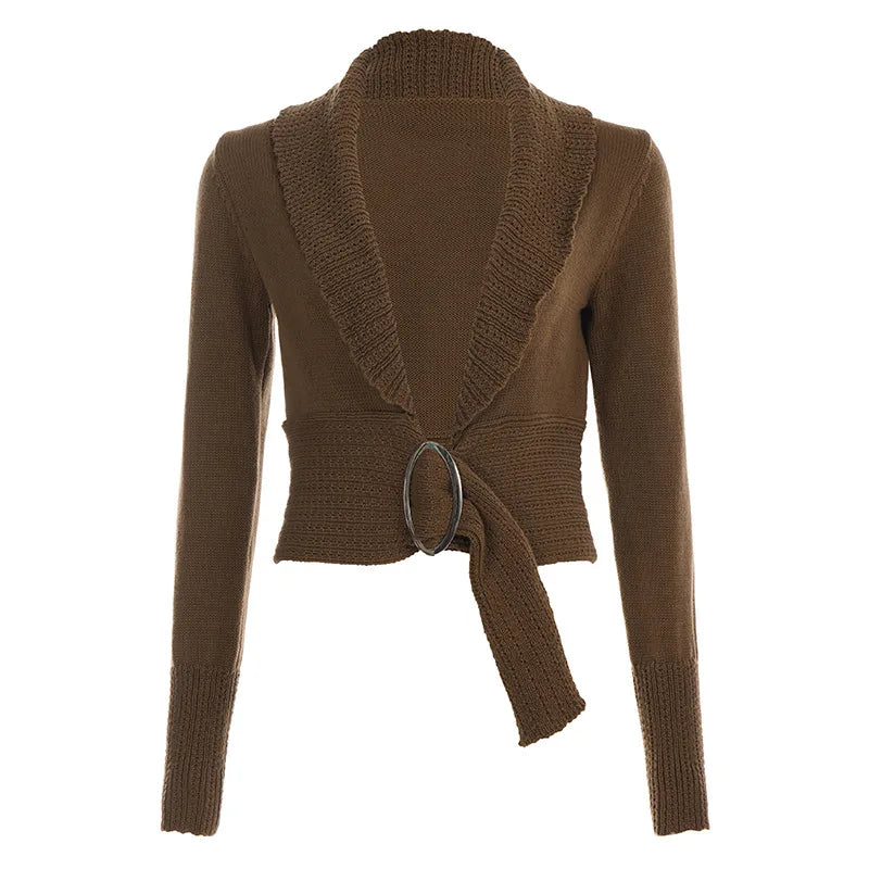 Cyflymder   casual vintage solid Turn Down Collar long sleeve short slim-waist knitted Cardigan