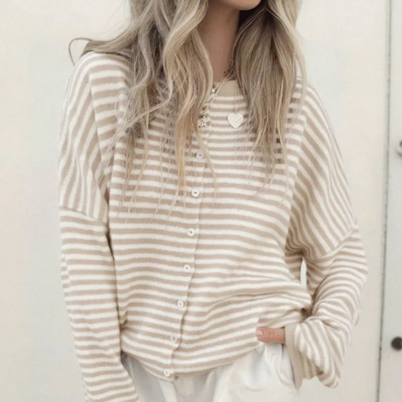 Cyflymder  Stripe Women's Cardigan O-neck Single Breasted Full Sleeve Casual Loose Female Knit Cardigan 2025 Autumn Cozy Fashion Lady Coat