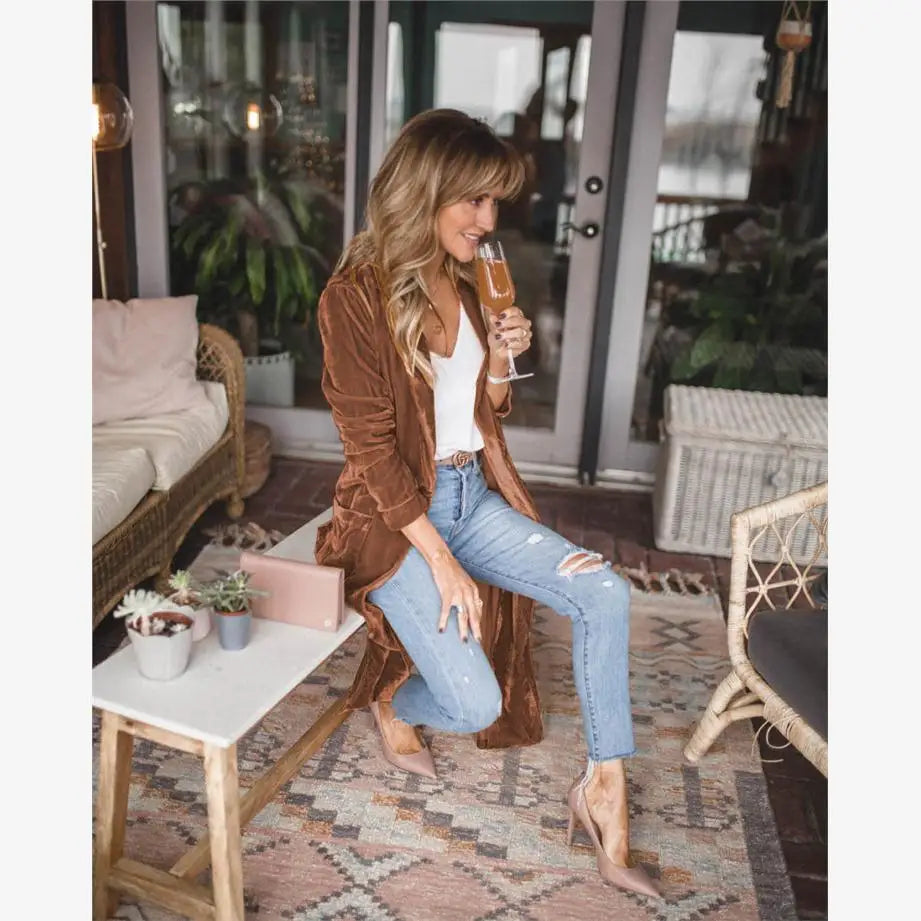 Cyflymder  Spring Autumn New Faion Loose Velvet Elastic Mid-Length Open Cardigan Coat Women's Versatile Straight Tube Polyester Fiber