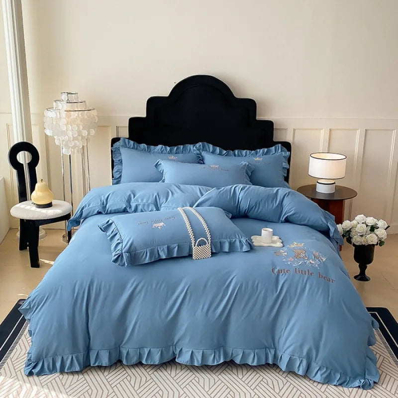 Cyflymder  French Embroidered Bed Skirt Bedding Sets Washed Cotton Knitted Bedclothes with Ruffled Edges Universal Size Textile Supplies