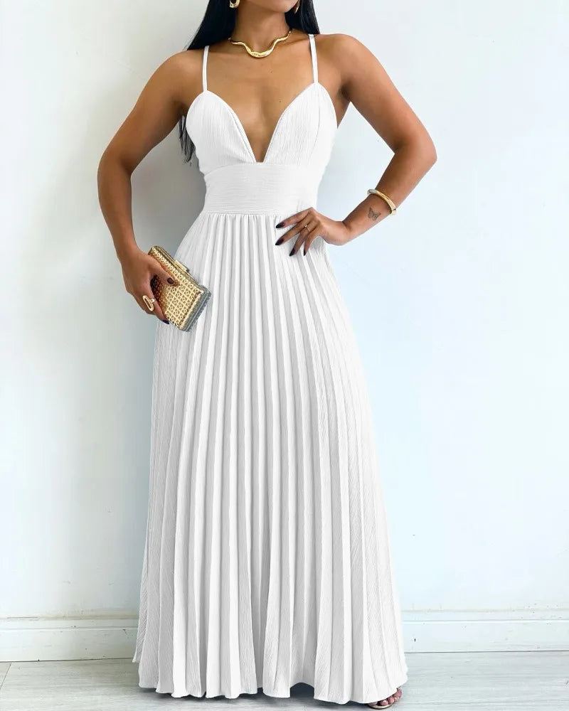 Cyflymder  Elegant A-line Evening Dress Women Sexy V-Neck Sleeveless Pleated Dress Causal Flowy A Line Maxi Dress