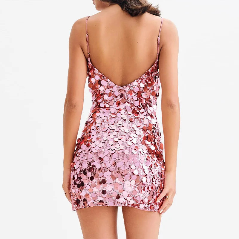 Cyflymder  Sequins Glitter Evening Party Mini Dress Women Sleeveless Backless Slim Zipper Sexy Shining Dresses A-line Solid Sexy Lady Robe