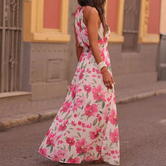 Cyflymder   Vintage Hollowed Out Loose Holiday Dresses Bohemian Style Sleeveless Lace Up Long Dress Casual Floral Print Pleated Beach Dress