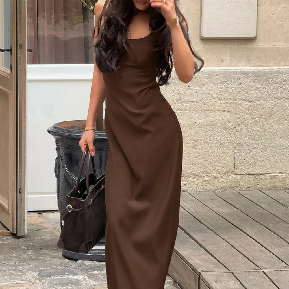 Cyflymder  Sexy Vintage Suspender Dress for Women Square Collar Sleeveless Tunic Temperament Long Dresses Female Summer Style