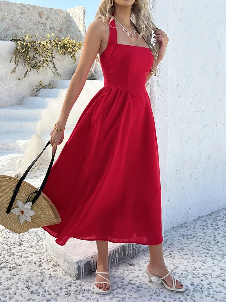 Cyflymder  Slimming Halter Backless Sleeveless Dress for Women Solid Color High Waist Casual Summer Vacation Beach Sundress