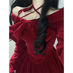 Cyflymder Vintage Bow Mini Dress Women Y2K Sexy Slash Neck Red Velvet Dresses Winter Kawaii Christmas Party Bodycon A Line Vestidos