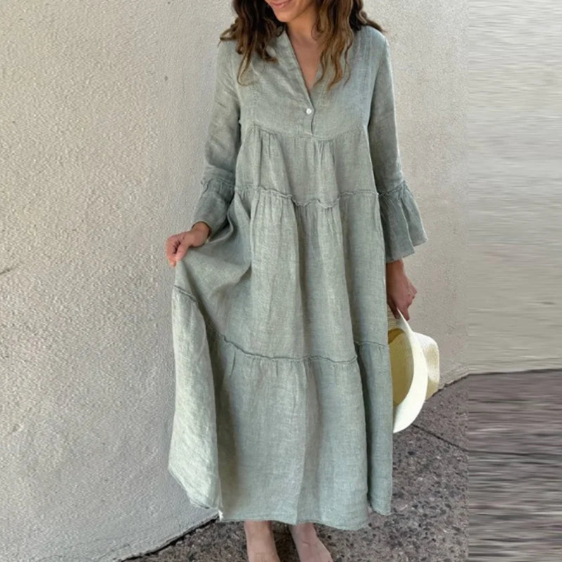Cyflymder  Simple Autumn Flare Sleeve Cake Party Dress Fashion Solid Loose Cotton Linen Dress Women Spring V Neck Button Pleated Long Dress