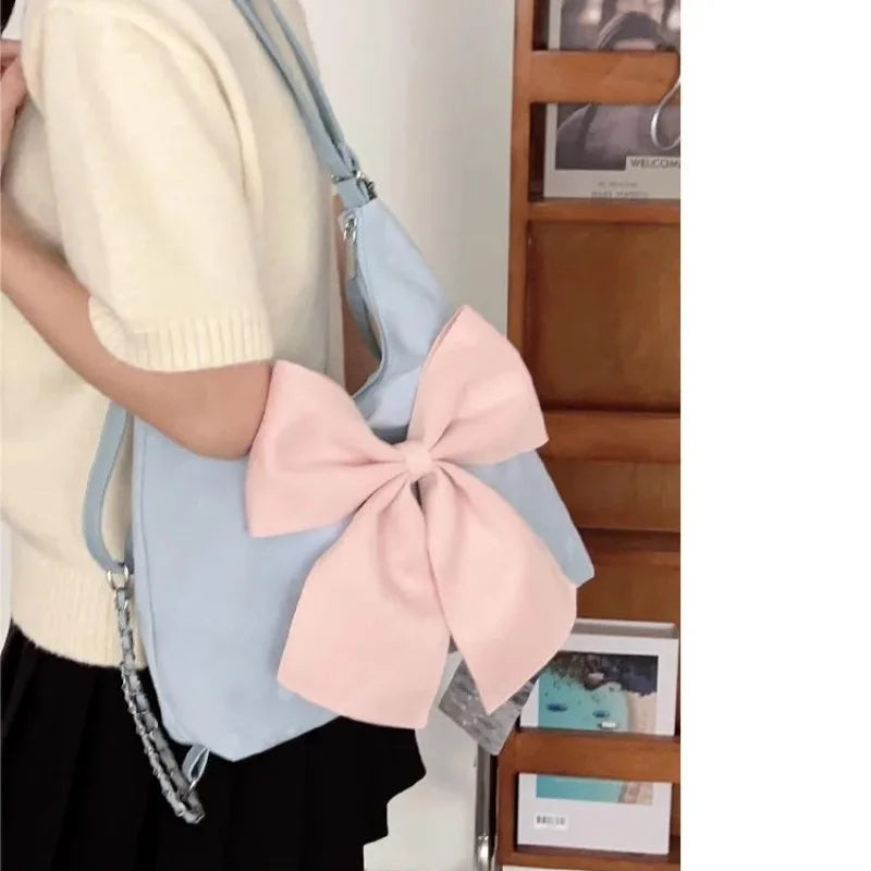 Cyflymder Pink Bow Womens Shoulder Bag Korean Style Fashion Large Capacity Sweet Backpack Cute Exquisite Elegant New Female Tote Bag