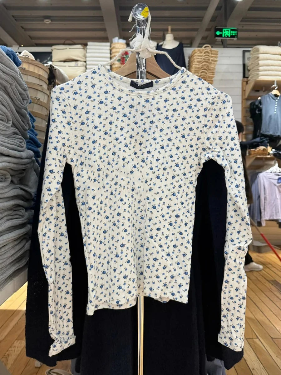 Cyflymder  Blue Floral T-shirts Women Spring Casual Streetwear Cotton Crew Neck Long Sleeve Tees Sweet Vintage Chic Preppy Style Shirts