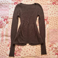 Cyflymder  Ribbed Knit Cardigan With Low Round Neck Button Front Y2K Flared Hem Long Sleeved Slim Fit Retro Sweater Top Punk High Street