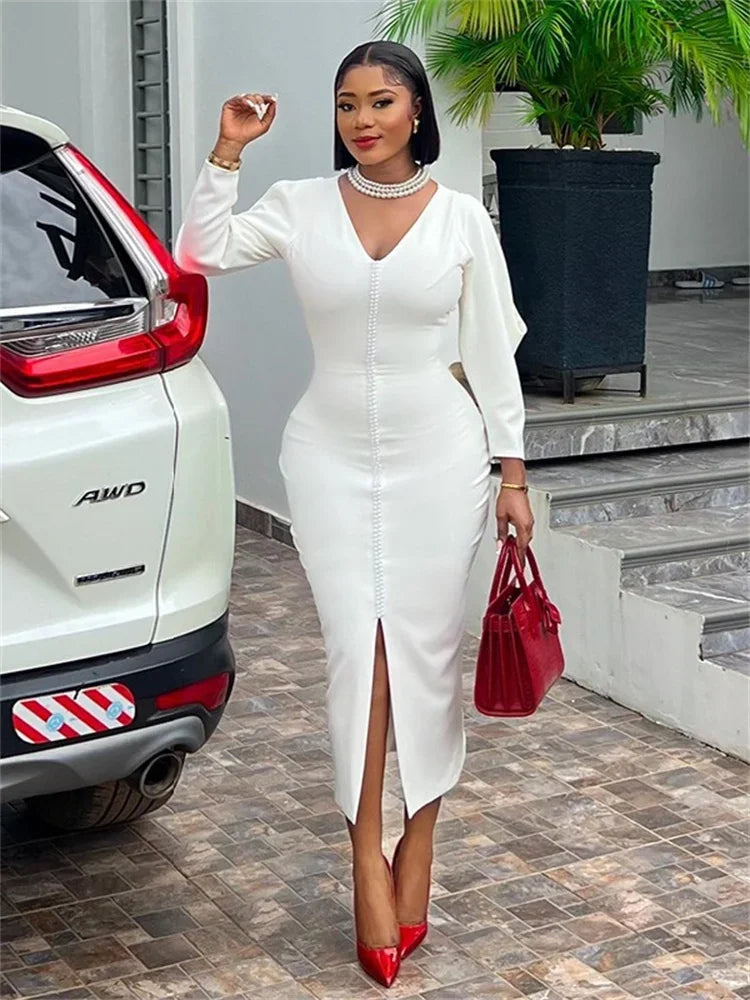 Cyflymder  Dress for Women Solid Color Party Sexy Beading Slip Hem Bodycon V Neck Dresses Fall Clothes