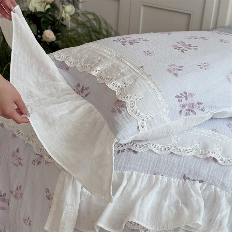 Cyflymder  Flowers Print Lace Ruffles Bedding Set 100% Cotton Double Layer Yarn Soft Duvet Cover Bed Sheet/Fitted Sheet Pillowcases 4Pcs