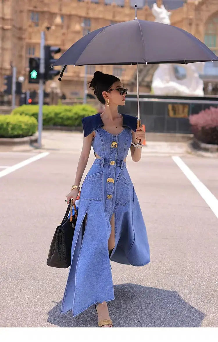 Cyflymder  Trendy Fashion Women's Metal Buckle Waist Hollow Out Denim Dress Spring Lapel Sleeveless Split Dresses Female