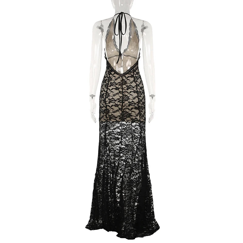 Cyflymder  Holiday Hollow Out Lace Trumpet Dress Beach Style Backless Deep V-Neck Sleeveless Maxi Dresses For Women 2025 Summer