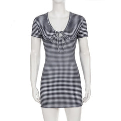 Cyflymder  Casual Plain Contrast Color V-Neck Short Sleeves Dress Women's Commuter Slimming Knitted All Match Short Dresses Summer Wearing