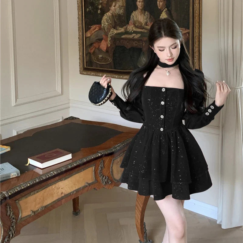 Cyflymder NEW YEAR DRESS TO IMPRESS Long Sleeve Velvet Dress Women Princess Square Collar Autumn Buttons Ruffles Bling Design Fashion Temper Elegant Seductive New