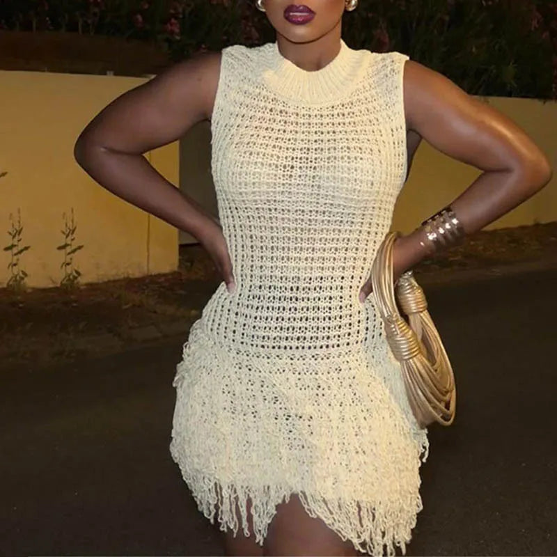 Cyflymder  Sexy Dress Women Sleeveless Hollow Out Patchwork Tassel Slim Bodycon Knitted Short Dresses