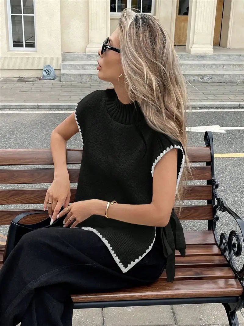 Cyflymder  Street Sle Loose Fit Women's Svel Sweater Vest  Knot Tied Color Blo Design Autumn Faion Polyester Fiber