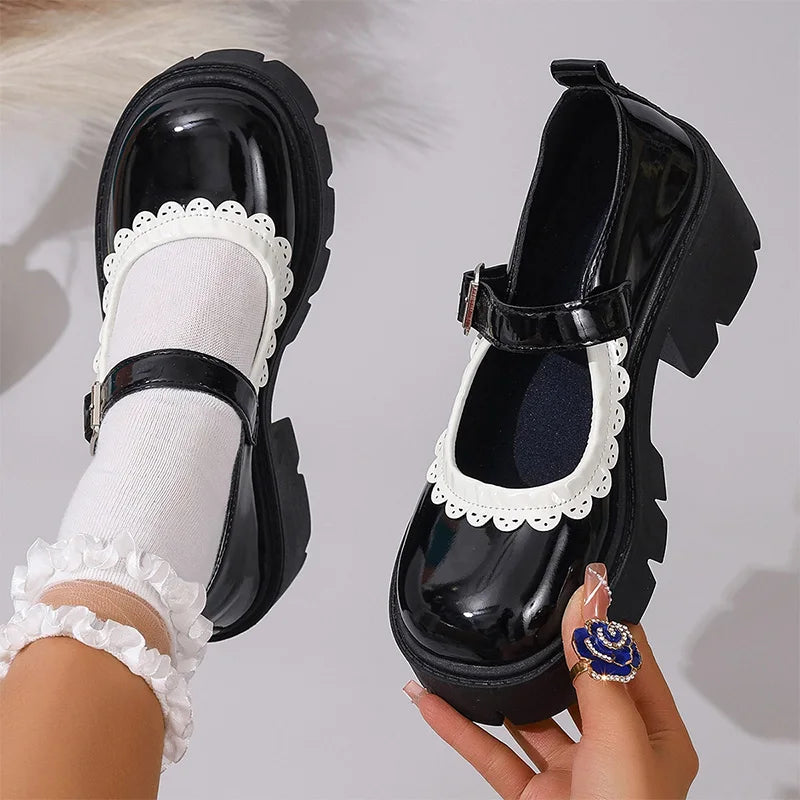 Cyflymder   Fashion Wine Red MARY JANE Shoes for Women Ankle Buckle Chunky Platform High Heeled Pumps Woman Patent Leather Party Dress Shoes
