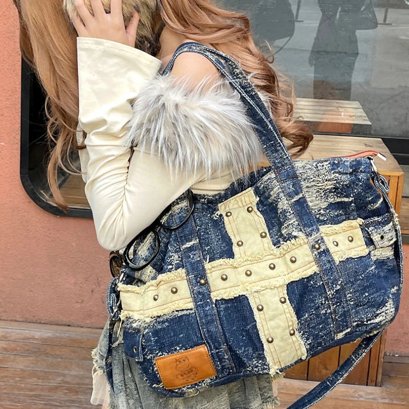 Cyflymder  High-capacity Patchwork Cross Vintage Rivet Shoulder Underarm Bag Grunge Punk Denim Bags Y2k Aesthetic Women Handbags Crossbody