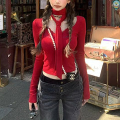 Cyflymder  Female Clothing Stylish Embroidery Pullovers Halter Ribbon Button Autumn Winter Lace Spliced Slim Long Sleeve Knitted T-shirts