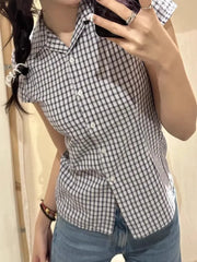 Cyflymder  Slim Fit American Retro irt for Women with  Collar ort Sve Purple Plaid Waist-Cinching Casual Sle Korean Faion