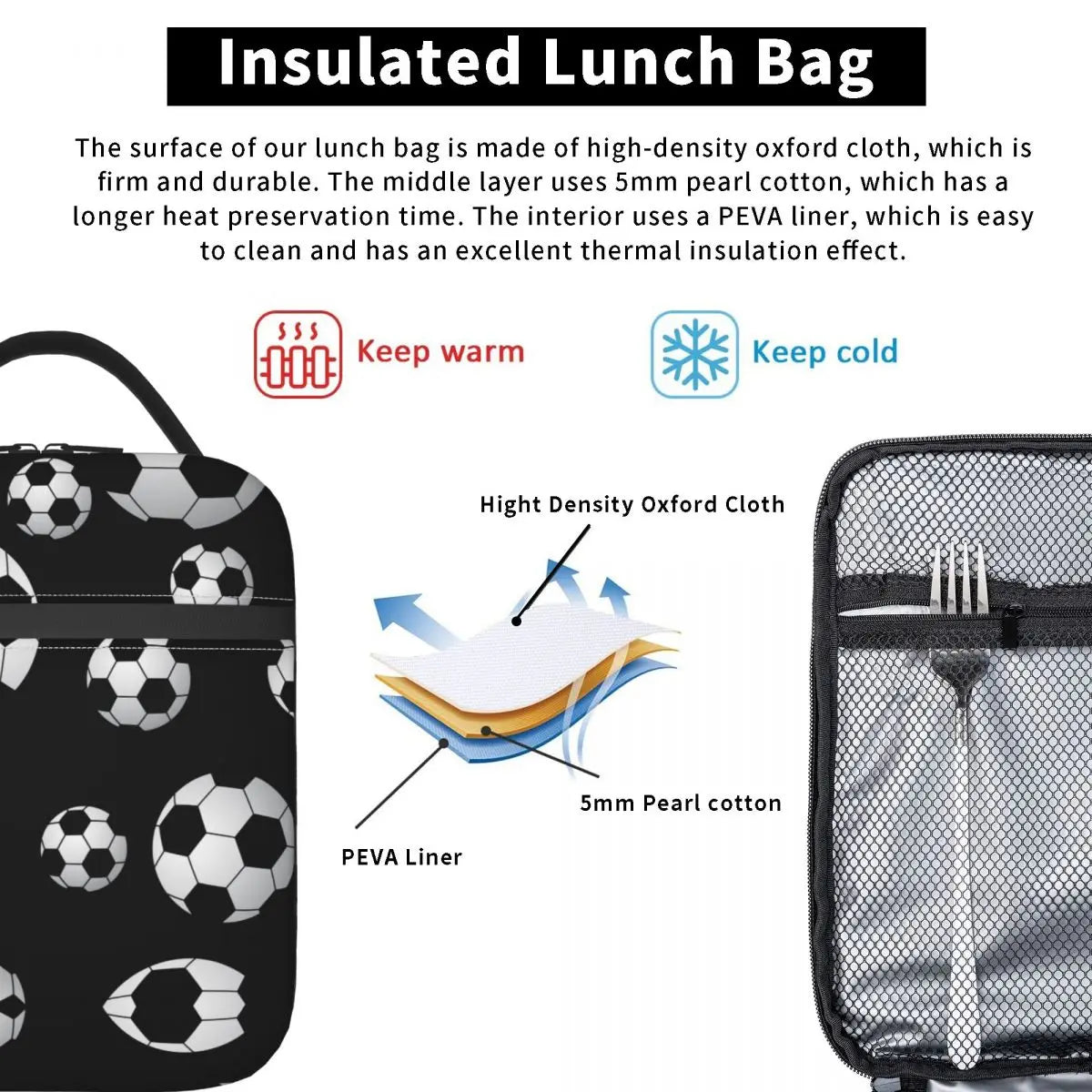 Cyflymder Soccer Pattern Insulated Lunch Bag Cooler Bag Meal Container Football Balls Sports Large Tote Lunch Box Food Bag College Picnic