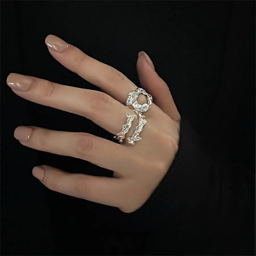 Cyflymder Punk Geometric Irregular Liquid Lava Waterdrop Shaped Open Rings For Women Vintage Silver Color Metal Rings Personality Jewelry