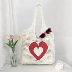 Cyflymder  Fashionable Women s Heart Pattern Knitted Tote Bag with Spacious Opening and Hollow Out Design for Maximum Capacity