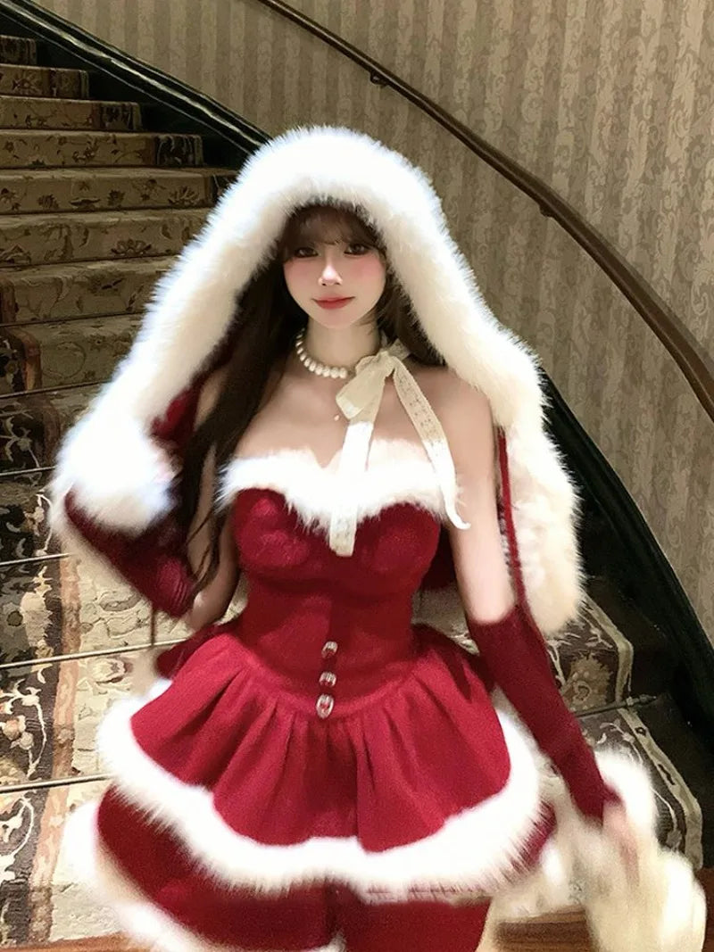 Cyflymder  Christmas Red suit Velvet Cake Puff Women's Dress Set Winter French Lady Princess Two Piece Outfit coat