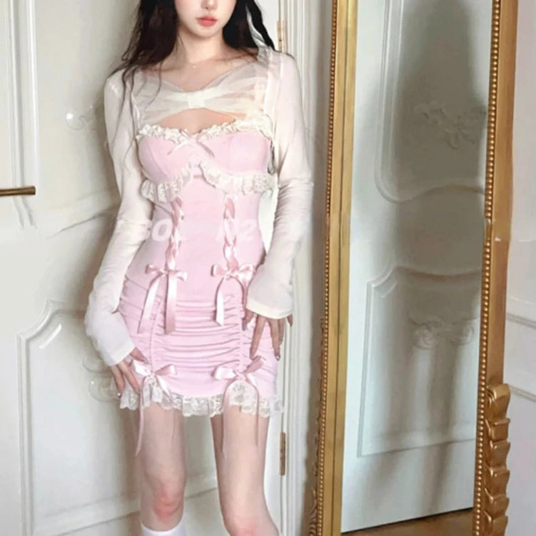 Cyflymder DRESS TO IMPRESS Japanese Sweet Lolita Style Dress Women Bow Pink Kawaii Party Mini Dresses Female Long Sleeve Lace Princess Dresses Autumn