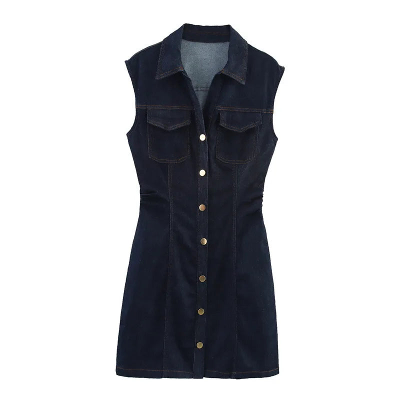 Cyflymder  Elegant Denim Mini Dress Slim Fit Solid Color Single Breasted Lapel Pocket Short Dress Female Summer Sexy Fashion Ladies