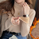 Cyflymder Women Ruffles Mock Neck Sweater Thicken Autumn Fleece Warm Thermal Pullover Cashmere Sweater For Women Winter