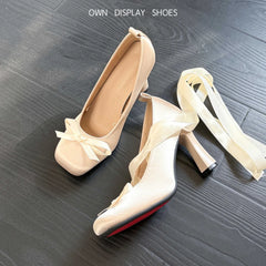Cyflymder  Women's Vintage High Heels,French Luxury Satin Silk Round Toe Block Heel Slip-on Pumps,Sweet Bow Lolita Plus Size Ballet Shoes
