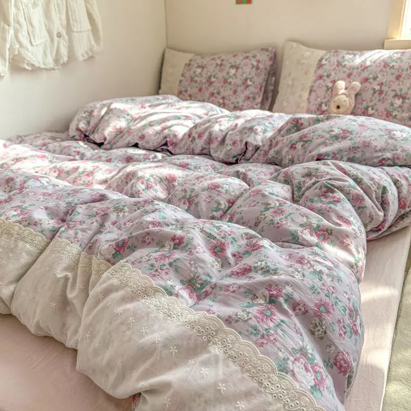 Cyflymder  INS French Style Fresh Floral Lace Trim Four-Piece Set Washed Cloud Cotton Quilt Cover Bed Sheet Dormitory Bed Sheet Sets