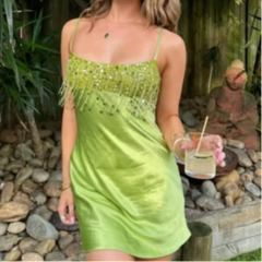 Cyflymder  Women Elegant Satin Spaghetti Strap Sequin Fringe Mini Dress Bodycon Sexy Low Cut Camisole Dress Cocktail Party Beach Holiday