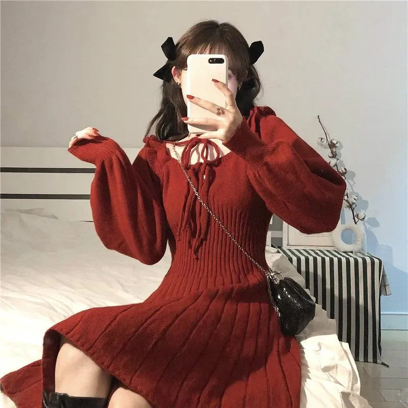 Cyflymder Sweet Knitted Dress Women Autumn Winter Elegant Dress Female Red French Style Party Dress Clothes Lady