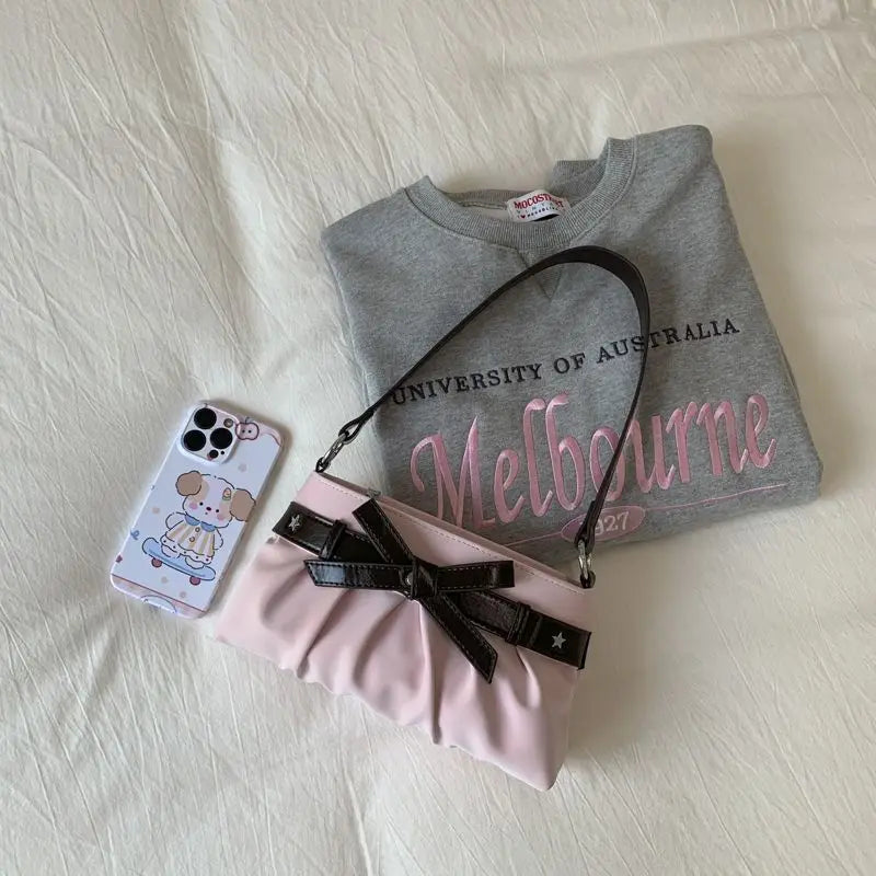 Cyflymder  Korean Hot Girl Bow Studded Handbag Women Simple Design Sweet Shoulder Bag Ladies Elegant Fashion Underarm Purse Y2k Aesthetic