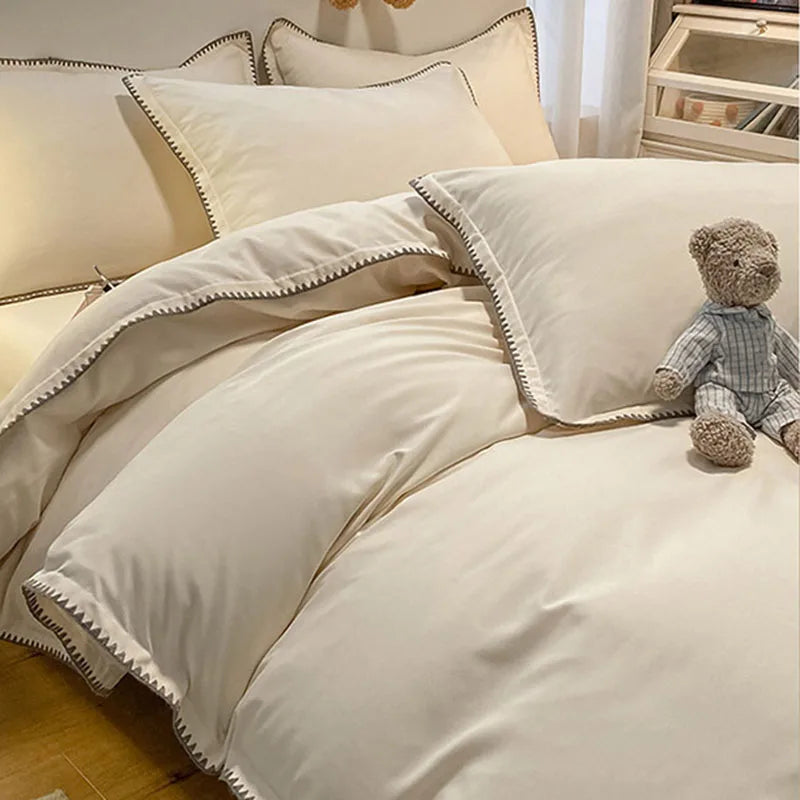 Cyflymder  Solid Color Bedding Set with Shell Edges Skin Friendly Simple Soft Duvet Cover Kit Cozy Fitted Sheet Set for Autumn Winter