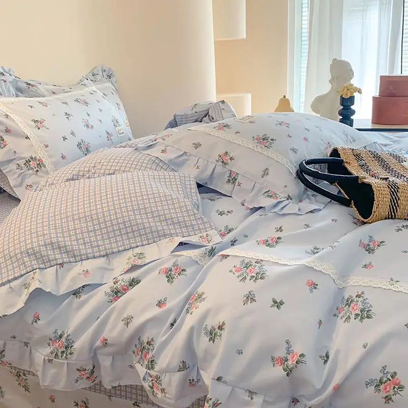 Cyflymder  100% Cotton Spring Garden Flowers Botanical Chic Ruffles Soft Comfortable Double Queen (1Duvet Cover+1Bed Sheet+2Pillowcases)