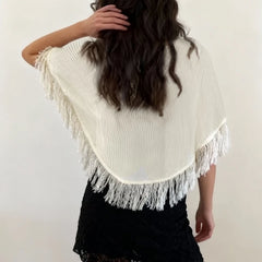 Cyflymder  Vintage Crochet Tassel Cover-ups for Women Y2k Knitted Poncho Sweater Asymmetrical Knit Cape Crop Tops Beach Bikini Smocked Tees