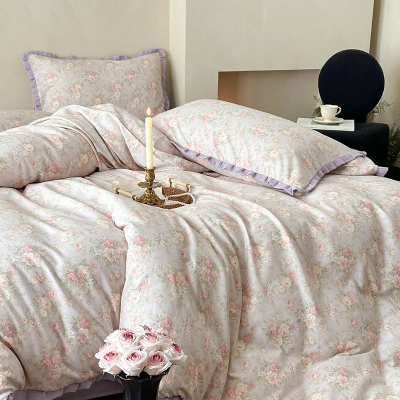 Cyflymder  Korean Princess Floral Ruffles 100% Cotton Double Layer Yarn Soft Bedding Set Single Queen King Duvet Cover Bed Sheet Pillowcase