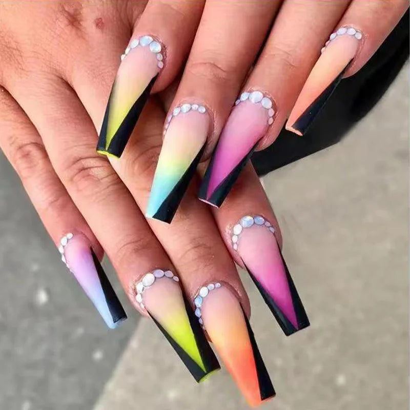 Cyflymder  24Pcs Fake Nails Supplies For Professionals False ABS Press On With Design Long French Tips Black Reusable Nails Coffin